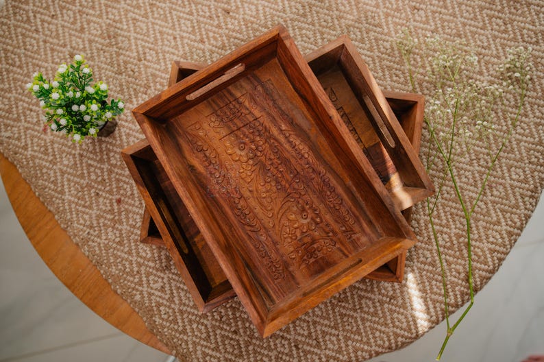 Plateau de réception en bois sculpté à la main, petit et grand format, pour servir et décorer