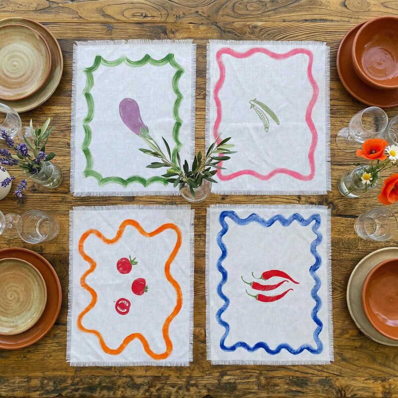 Set de table en lin 100% blanc 35x45 cm imprimé à la main motif végétal bords frangés