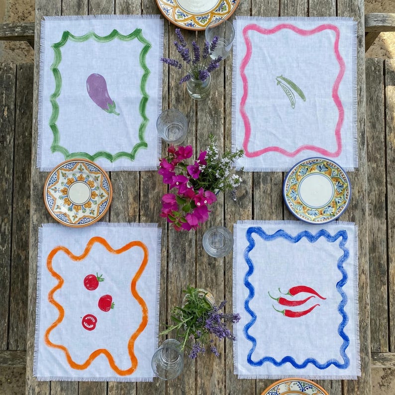 Set de table en lin 100% blanc 35x45 cm imprimé à la main motif végétal bords frangés
