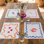 Set de table en lin 100% blanc 35x45 cm imprimé à la main motif végétal bords frangés