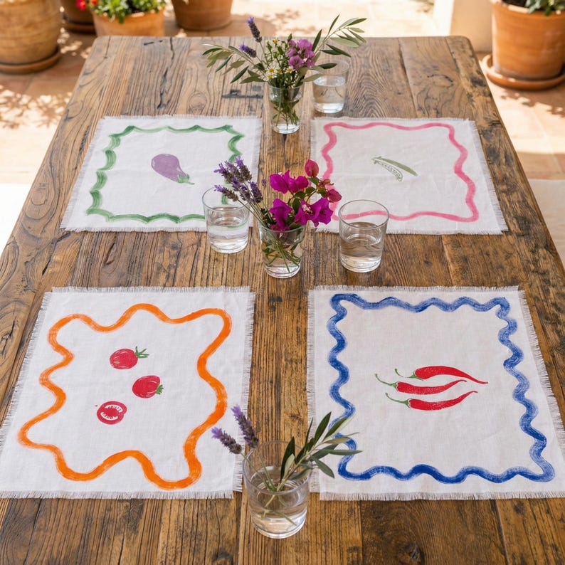 Set de table en lin 100% blanc 35x45 cm imprimé à la main motif végétal bords frangés