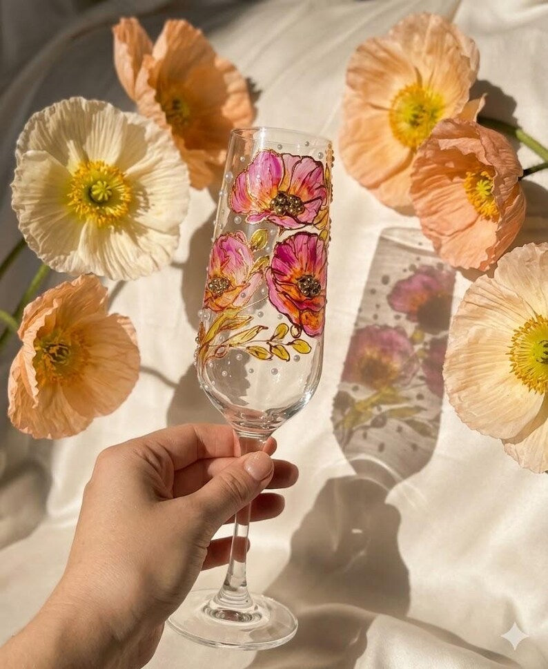 Flûte à champagne peinte à la main avec coquelicots – Verrerie de luxe pour mariage, anniversaire, fiançailles