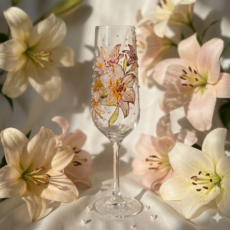 Verre à champagne peint à la main avec motif floral – Flûte à champagne en verre avec strass