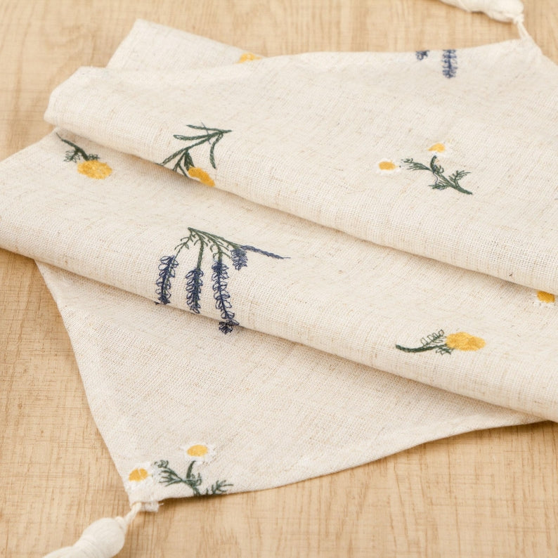Lin Rustique Chemin de Table Triangulaire avec Broderie Floral et Glands