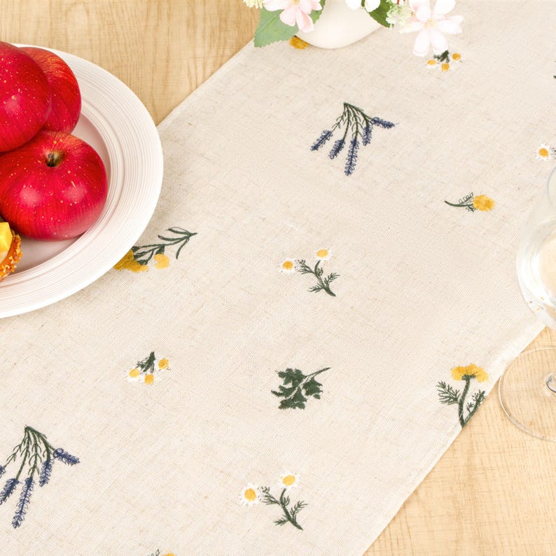 Lin Rustique Chemin de Table Triangulaire avec Broderie Floral et Glands