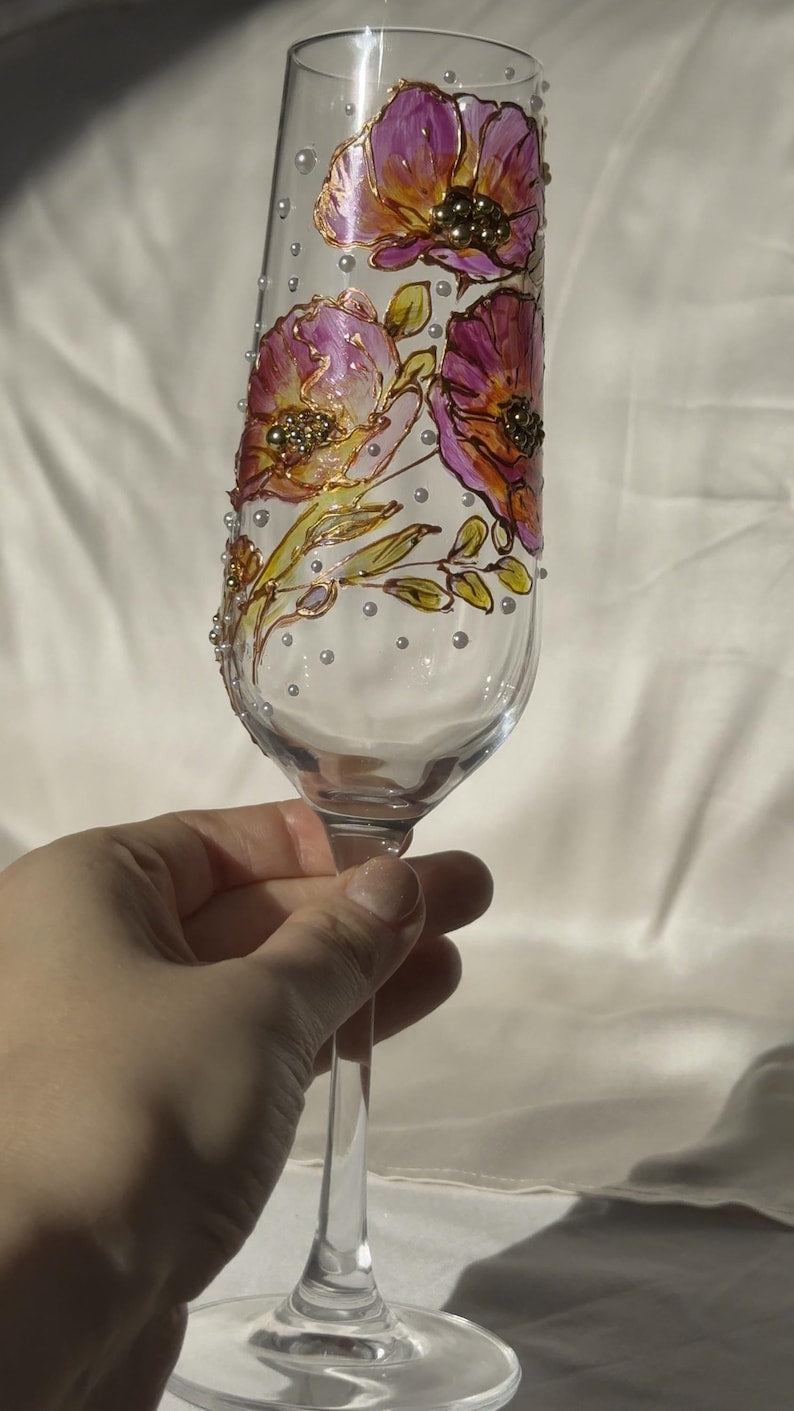 Flûte à champagne peinte à la main avec coquelicots – Verrerie de luxe pour mariage, anniversaire, fiançailles