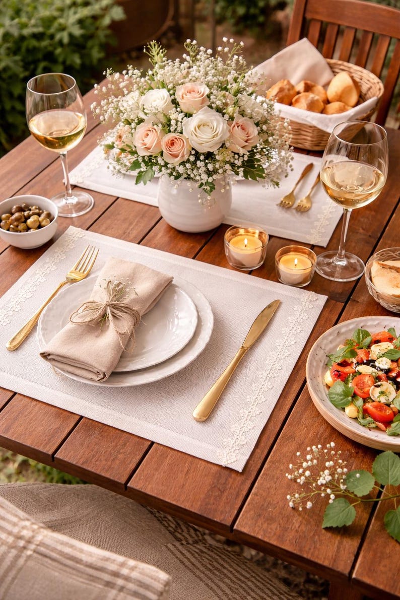 Lot de 6 sets de table en lin blanc, 30 x 40 cm, avec bordure en dentelle