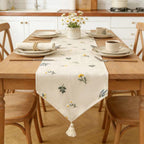 Lin Rustique Chemin de Table Triangulaire avec Broderie Floral et Glands
