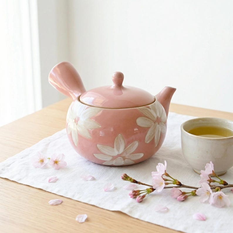 Théière en céramique rose décorée de motifs floraux blancs, 480 ml