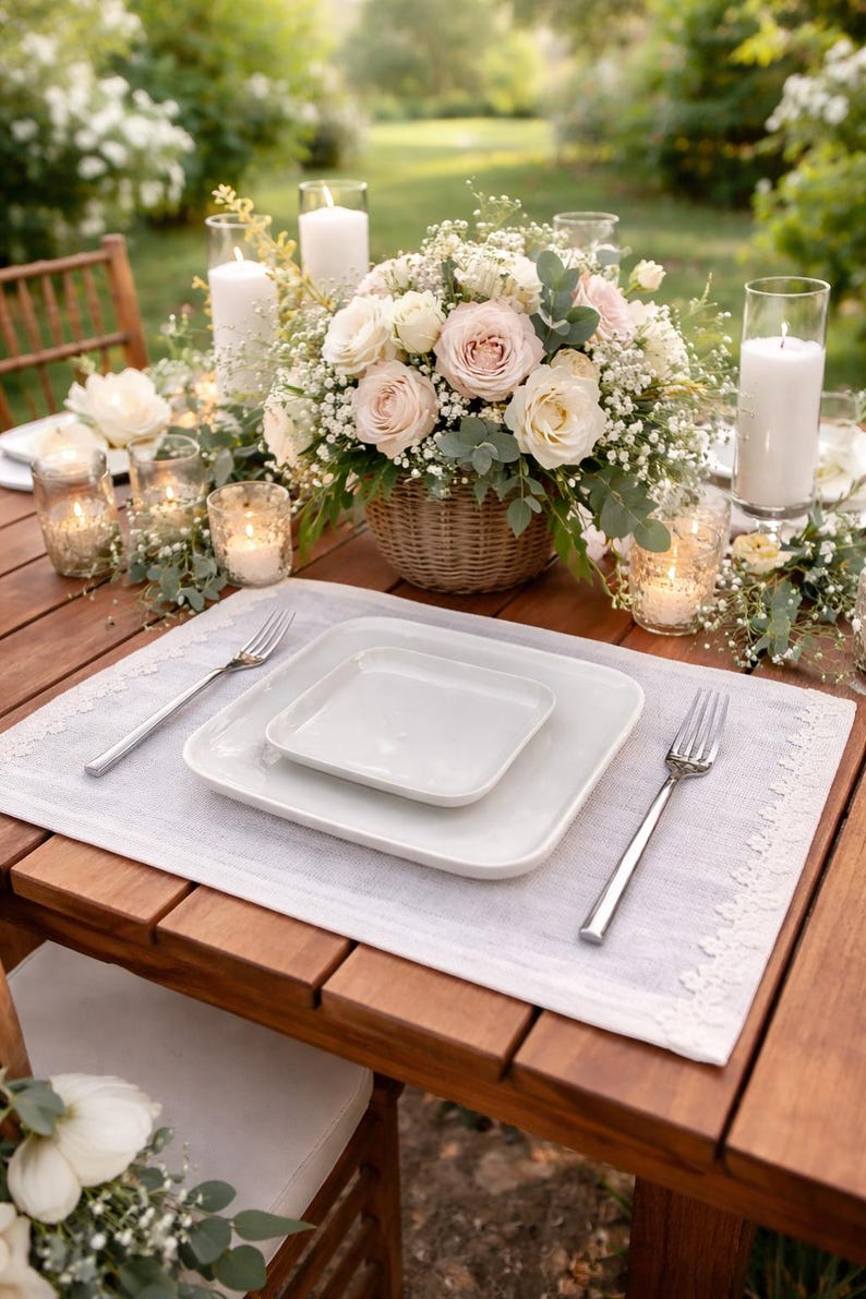 Lot de 6 sets de table en lin blanc, 30 x 40 cm, avec bordure en dentelle