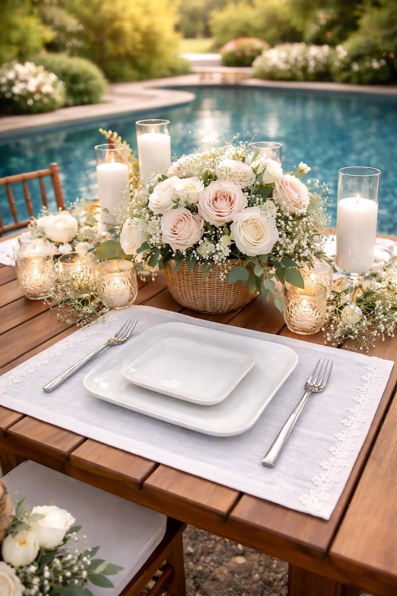 Lot de 6 sets de table en lin blanc, 30 x 40 cm, avec bordure en dentelle