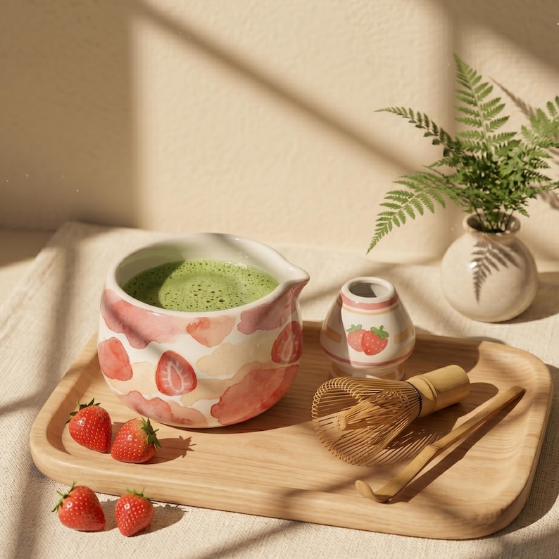 Bol à matcha avec bec verseur et support pour fouet | Service à thé en céramique motif gâteau aux fraises
