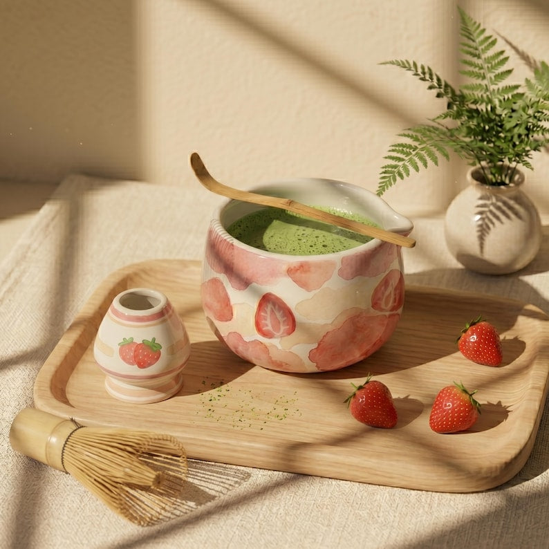 Bol à matcha avec bec verseur et support pour fouet | Service à thé en céramique motif gâteau aux fraises