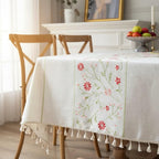 Nappe en lin et coton neutre avec pompons, décoration de table à manger