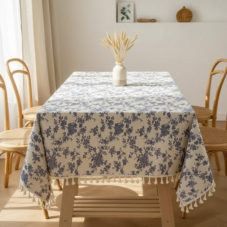 Nappe en lin et coton avec glands, décoration de table à manger botanique