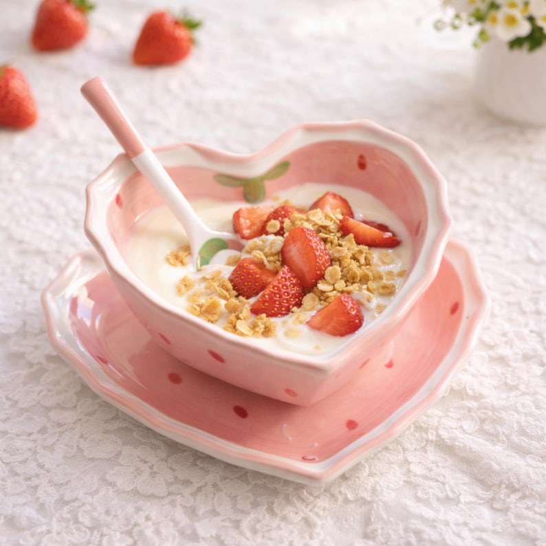 Ensemble de bols cœur fraise, céramique, cuillère assiette vaisselle kawaii