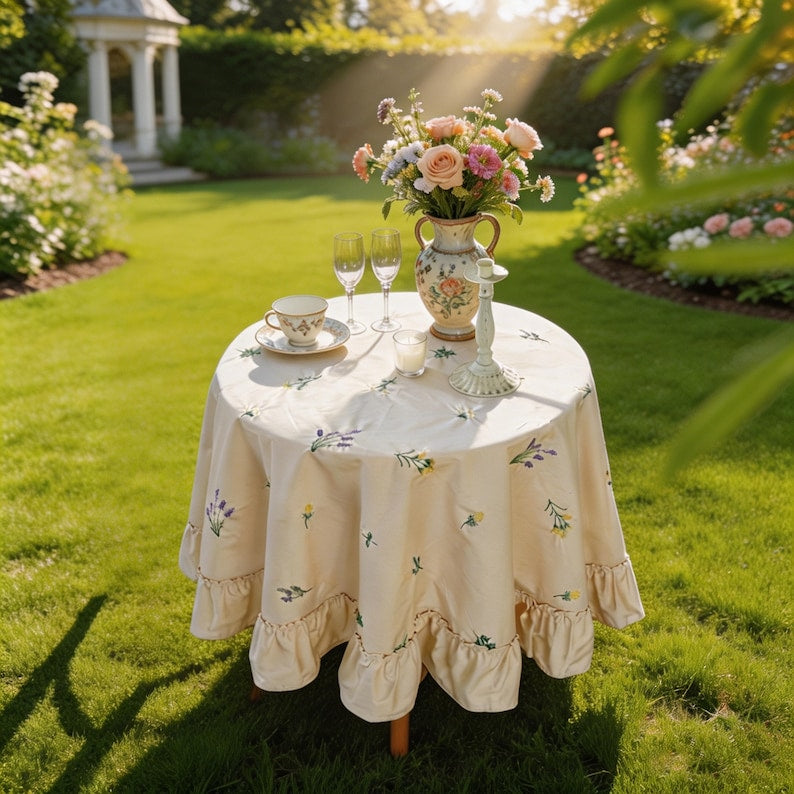 Nappe en coton brodée lavande abricot avec bord à volants Housse de table florale