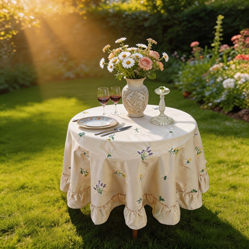 Nappe en coton brodée lavande abricot avec bord à volants Housse de table florale
