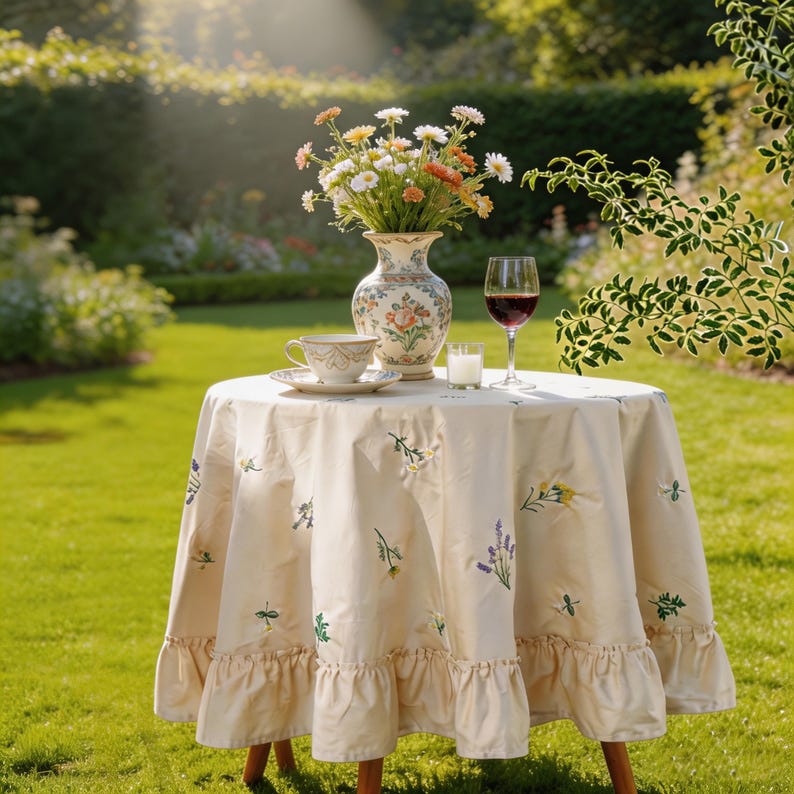 Nappe en coton brodée lavande abricot avec bord à volants Housse de table florale