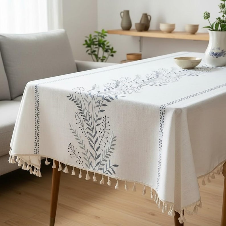 Nappe en lin et coton avec glands, décoration de table à manger botanique