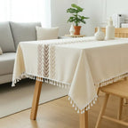 Nappe en lin et coton neutre avec pompons, décoration de table à manger