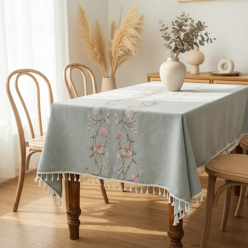 Nappe en lin et coton avec glands, décoration de table à manger botanique