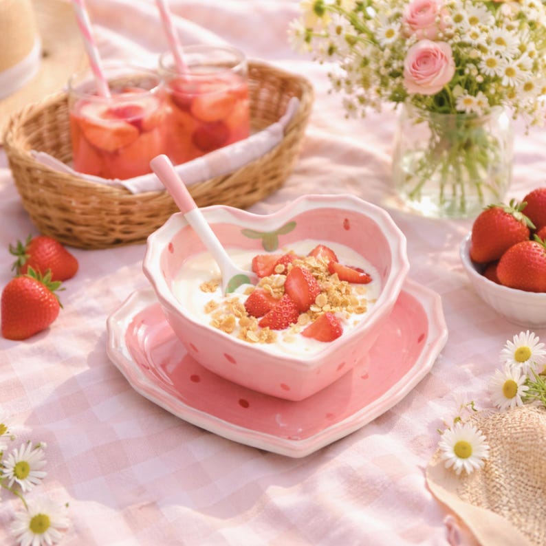 Ensemble de bols cœur fraise, céramique, cuillère assiette vaisselle kawaii