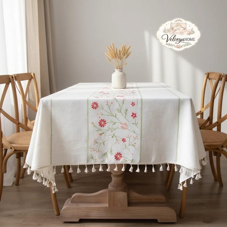 Nappe en lin et coton avec glands, décoration de table à manger botanique