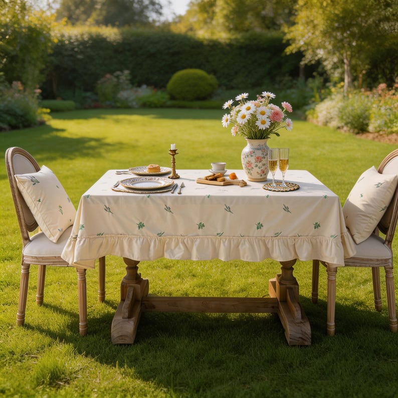 Nappe en coton brodée lavande abricot avec bord à volants Housse de table florale