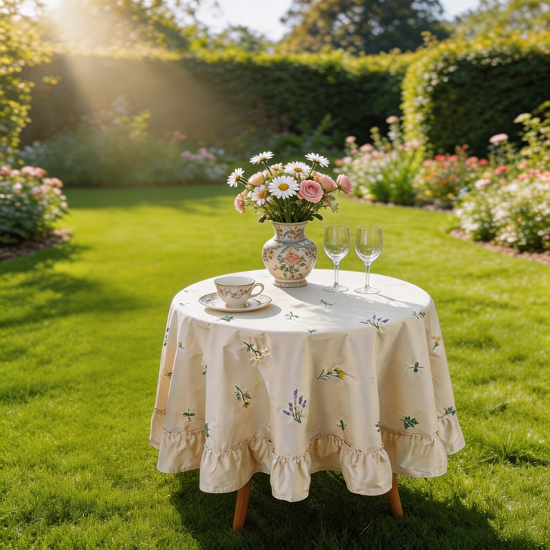 Nappe en coton brodée lavande abricot avec bord à volants Housse de table florale