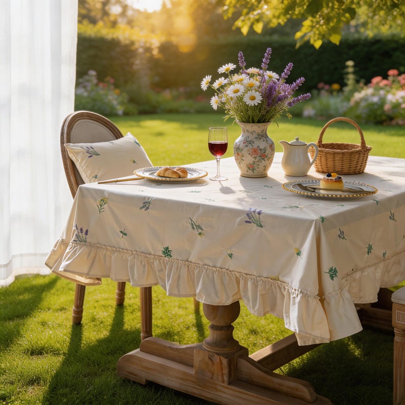 Nappe en coton brodée lavande abricot avec bord à volants Housse de table florale