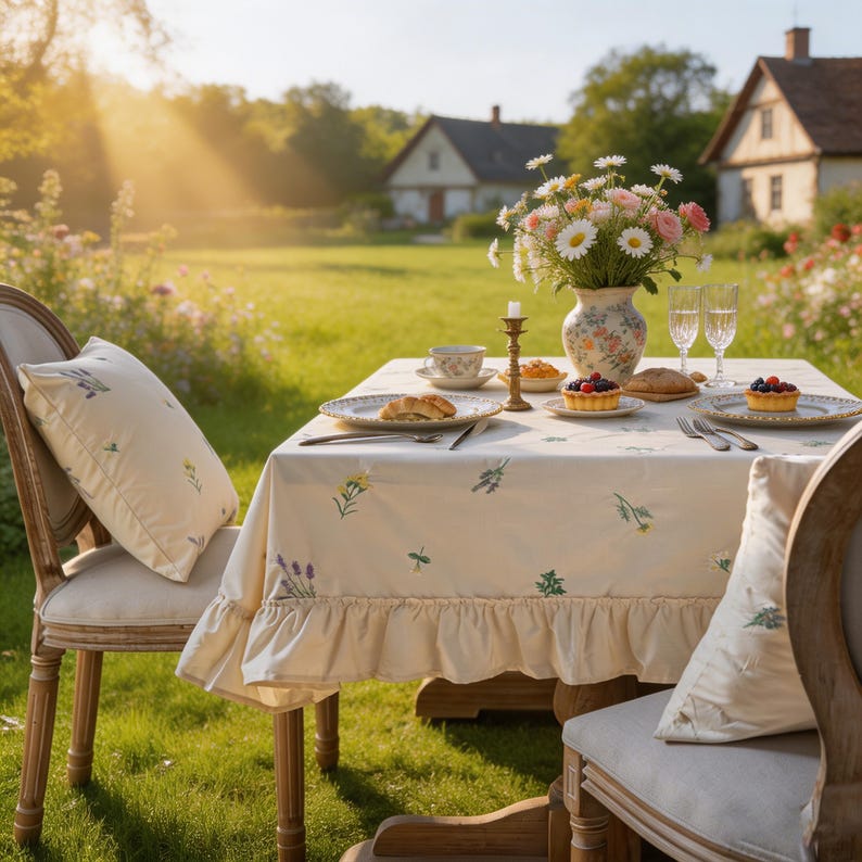 Nappe en coton brodée lavande abricot avec bord à volants Housse de table florale
