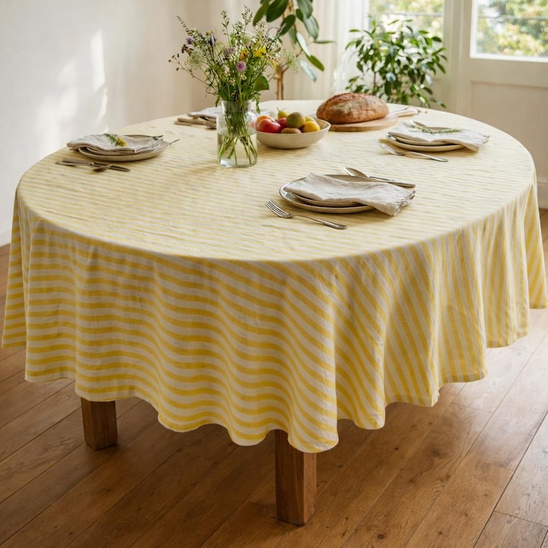 Nappe ronde en lin à rayures 90 pouces, Nappe rectangulaire délavée, Nappes de fête rouge orange-vert
