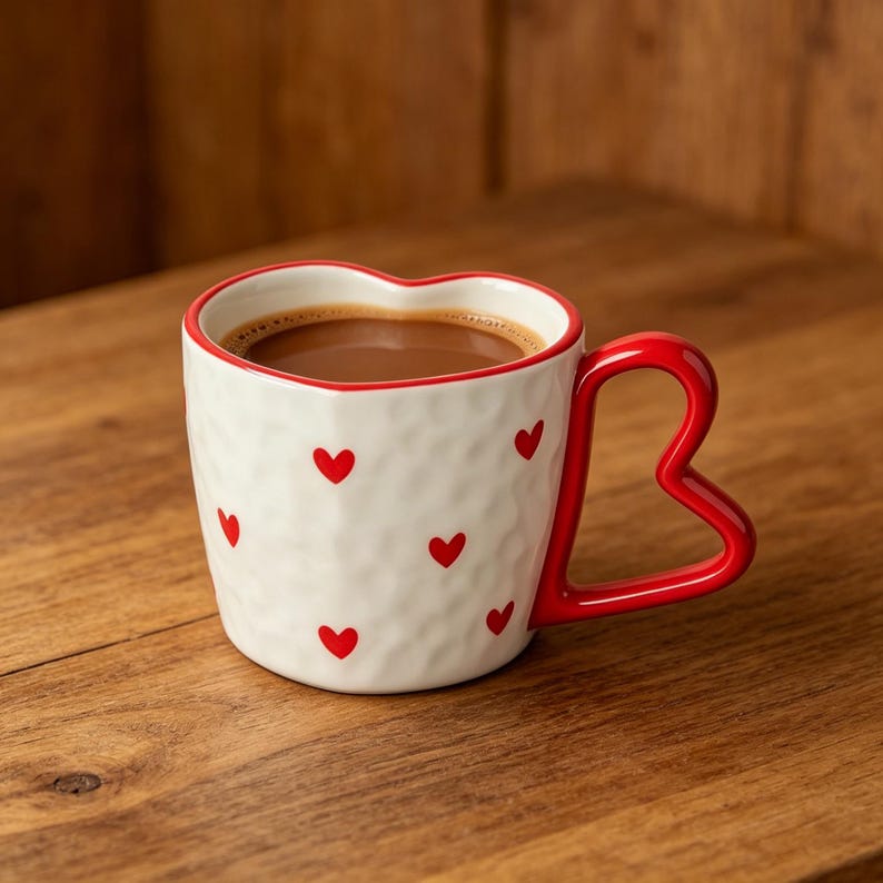 Ensemble tasse et soucoupe en céramique en forme de cœur, rose et blanc, 300 ml, pour café et thé