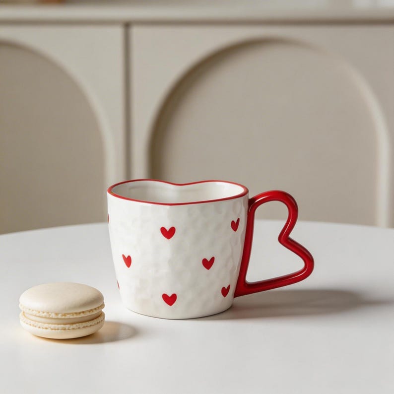 Ensemble tasse et soucoupe en céramique en forme de cœur, rose et blanc, 300 ml, pour café et thé