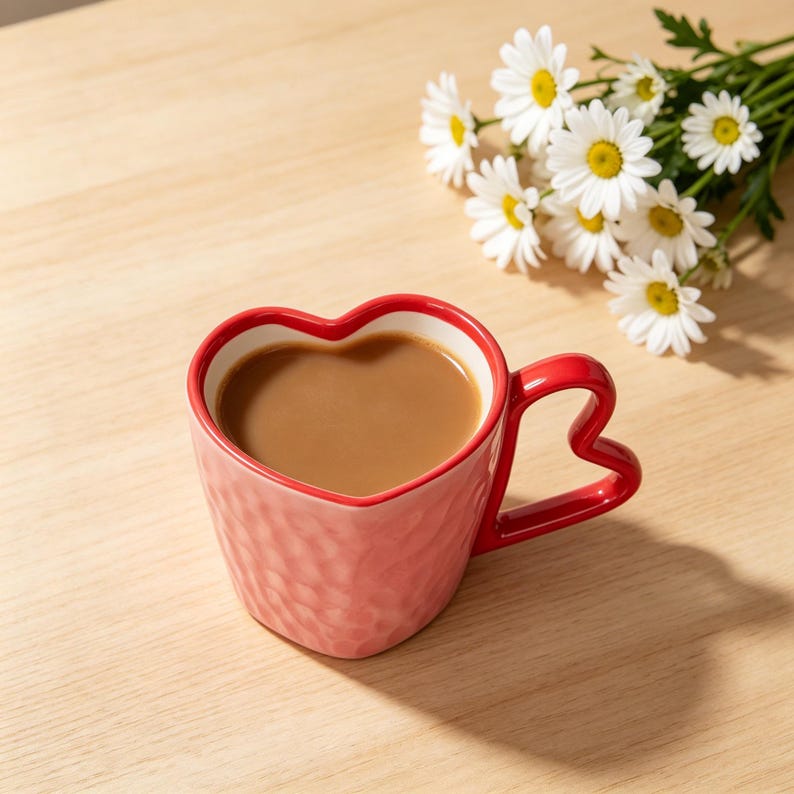 Tasse en céramique en forme de coeur rouge 10 oz avec soucoupe, ensemble café thé romantique
