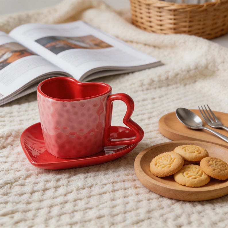 Tasse en céramique en forme de coeur rouge 10 oz avec soucoupe, ensemble café thé romantique