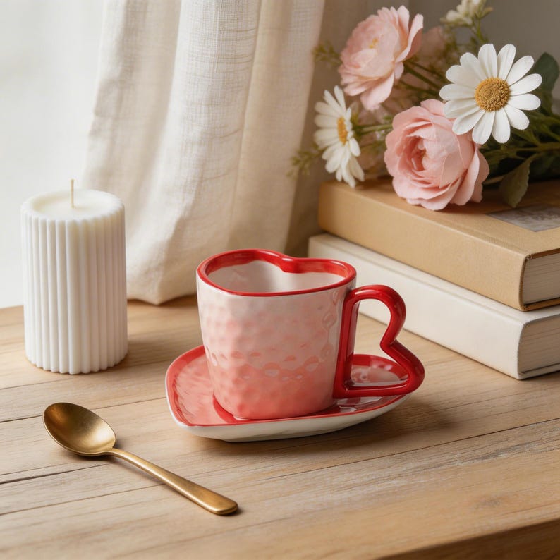 Tasse en céramique en forme de coeur rouge 10 oz avec soucoupe, ensemble café thé romantique