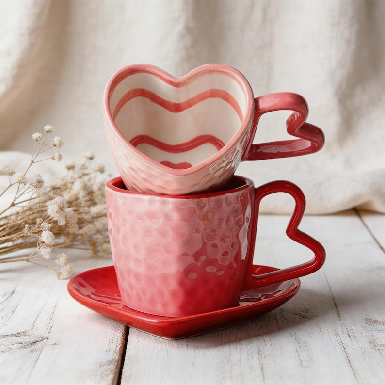 Tasse et soucoupe en céramique en forme de coeur, rouge rose, 300 ml, 10 oz