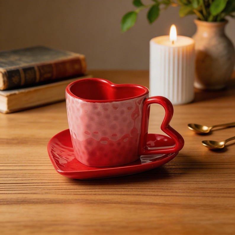 Tasse en céramique en forme de coeur rouge 10 oz avec soucoupe, ensemble café thé romantique