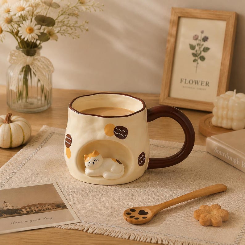 Tasse à café en céramique sur le thème du chat, mug artisanal pour amoureux des chats, tasse commémorative pour animaux de compagnie