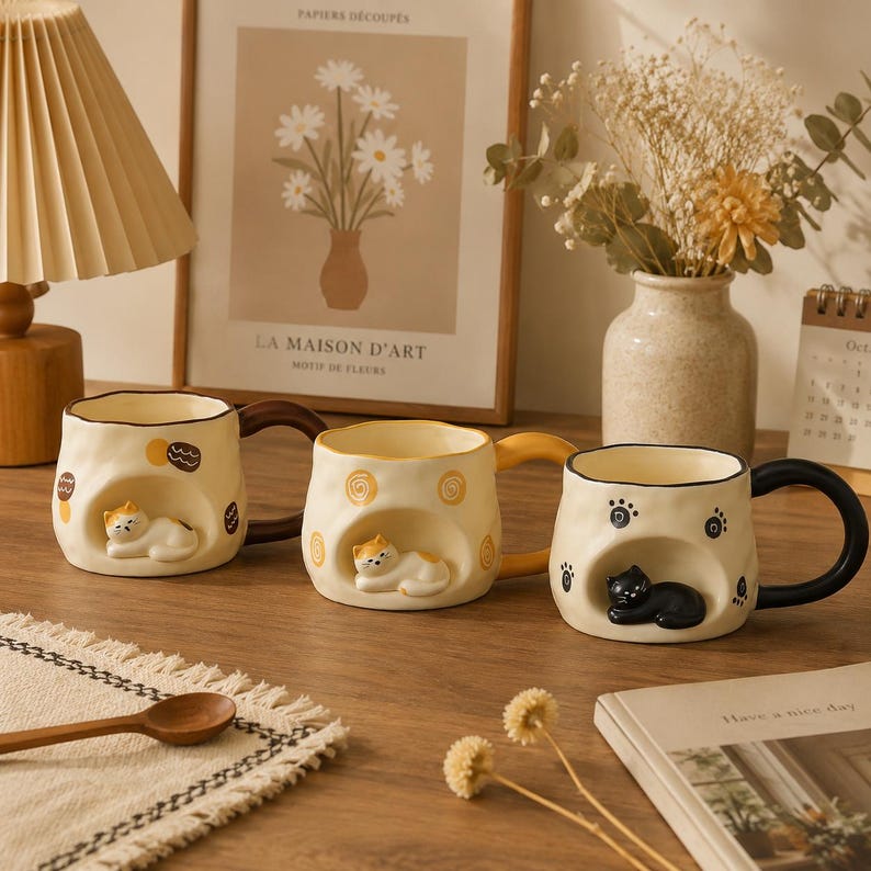 Tasse à café en céramique sur le thème du chat, mug artisanal pour amoureux des chats, tasse commémorative pour animaux de compagnie
