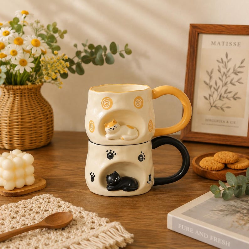 Tasse à café en céramique sur le thème du chat, mug artisanal pour amoureux des chats, tasse commémorative pour animaux de compagnie