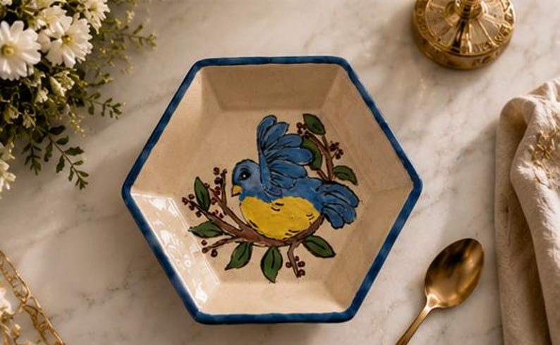 Coupelle céramique hexagonale faïence peint à la main décor oiseau 14 cm