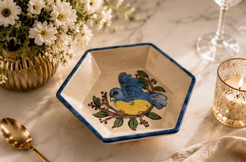 Coupelle céramique hexagonale faïence peint à la main décor oiseau 14 cm