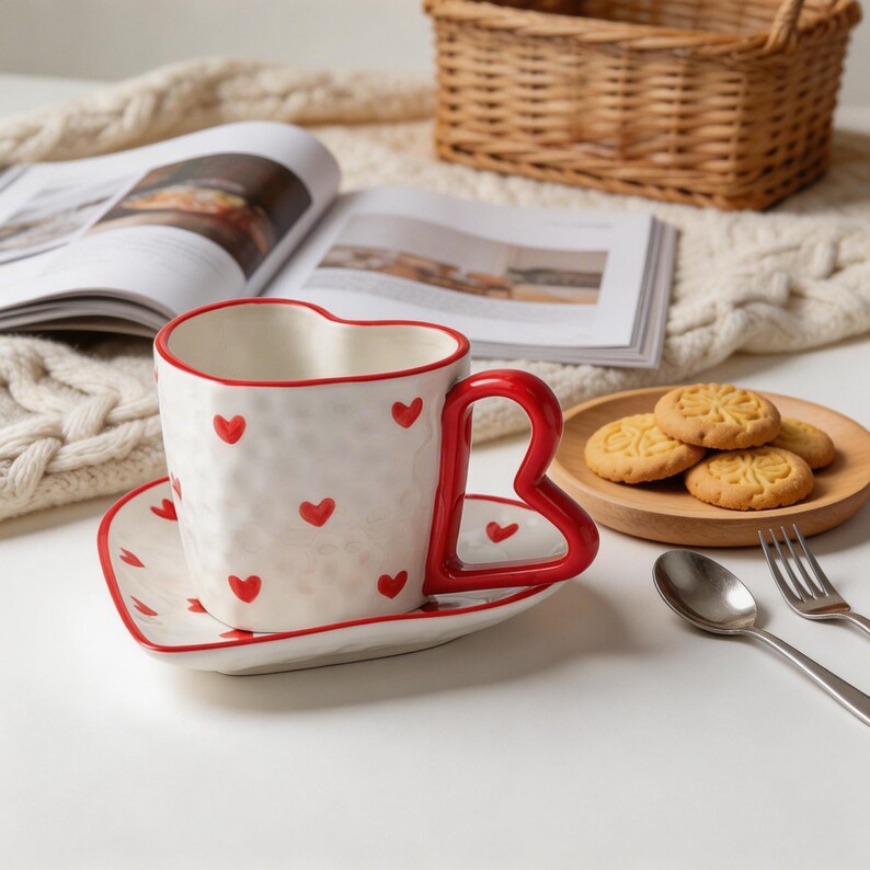 Ensemble tasse et soucoupe coeur en céramique rose 300 ml pour café thé