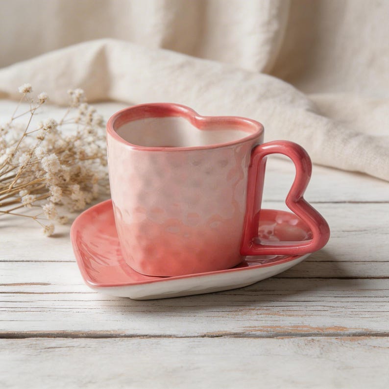 Ensemble tasse et soucoupe en céramique en forme de cœur, rose et blanc, 300 ml, pour café et thé