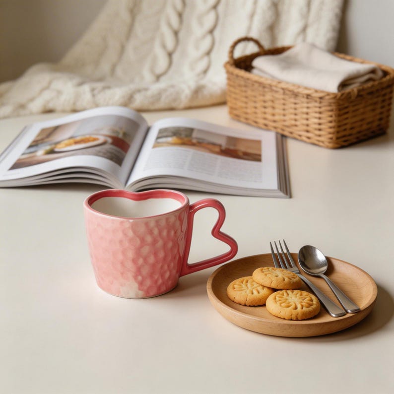 Ensemble tasse et soucoupe en céramique en forme de cœur, rose et blanc, 300 ml, pour café et thé