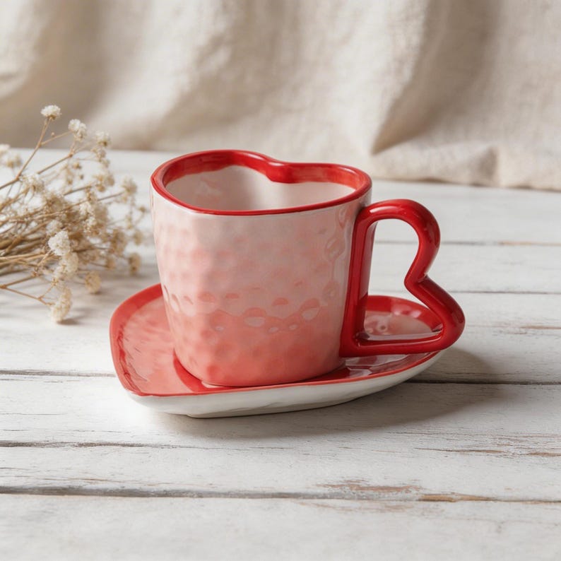 Tasse en céramique en forme de coeur rouge 10 oz avec soucoupe, ensemble café thé romantique