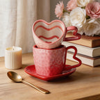 Tasse et soucoupe en céramique en forme de coeur, rouge rose, 300 ml, 10 oz